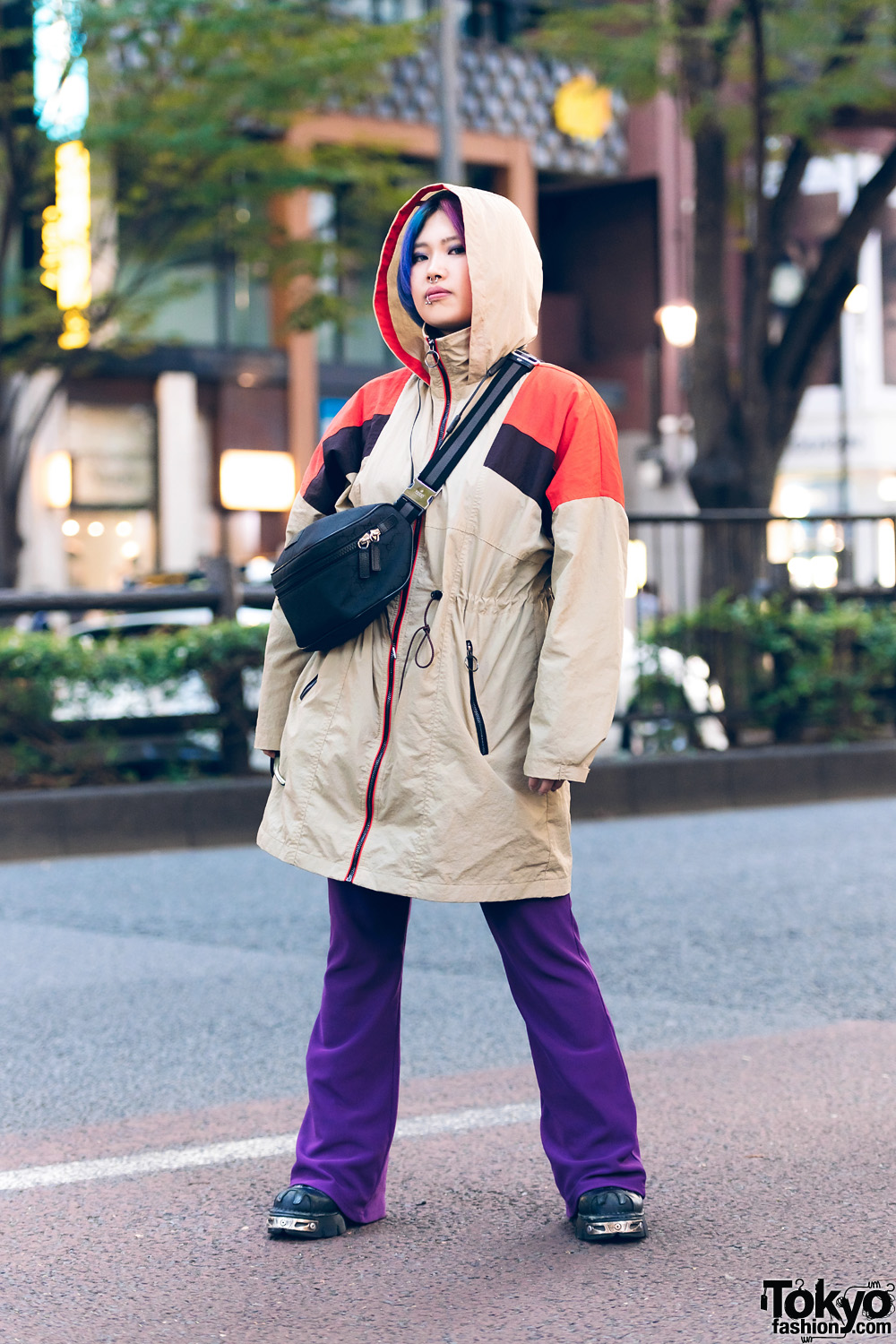 Tokyo Streetwear Style w/ Dog Harajuku Tan Hooded Jacket, Gucci Bag, New Rock Shoes, Two-Tone Hair, Purple Pants & Beat X