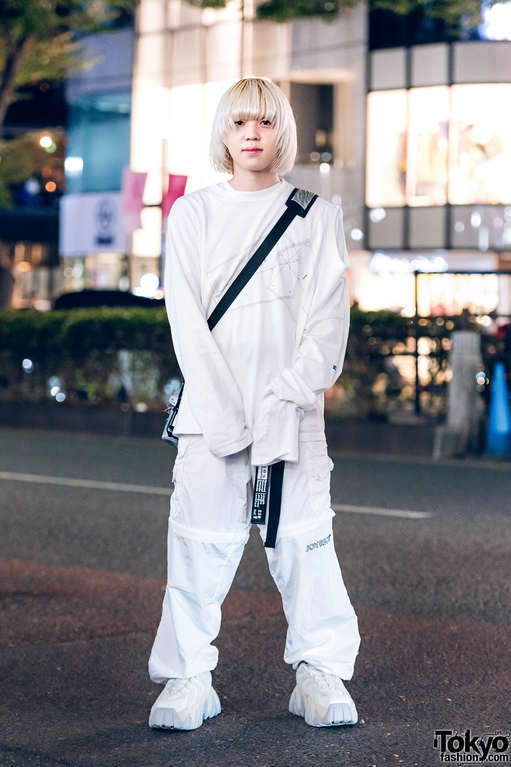 All White Japanese Streetwear  w/  Kudos Sweatshirt, Joyrich Convertible Pants, Oakley Bag & Eytys Chunky Sneakers