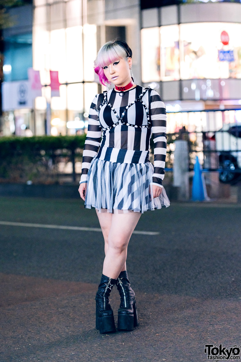 Japanese Singer/Songwriter in Monochrome Street Style w/ Pink-Tipped Updo, Bra Harness, Dolls Kill Striped Top, Tulle Skirt & Platform Glitter Boots