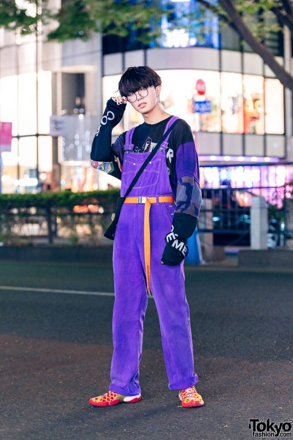 Harajuku Guy’s Streetwear Fashion w/ Round Glasses, Cote Mer Graphic Sweatshirt, CCG Denim Overalls & Pharrel Williams x Adidas CNY Sneakers