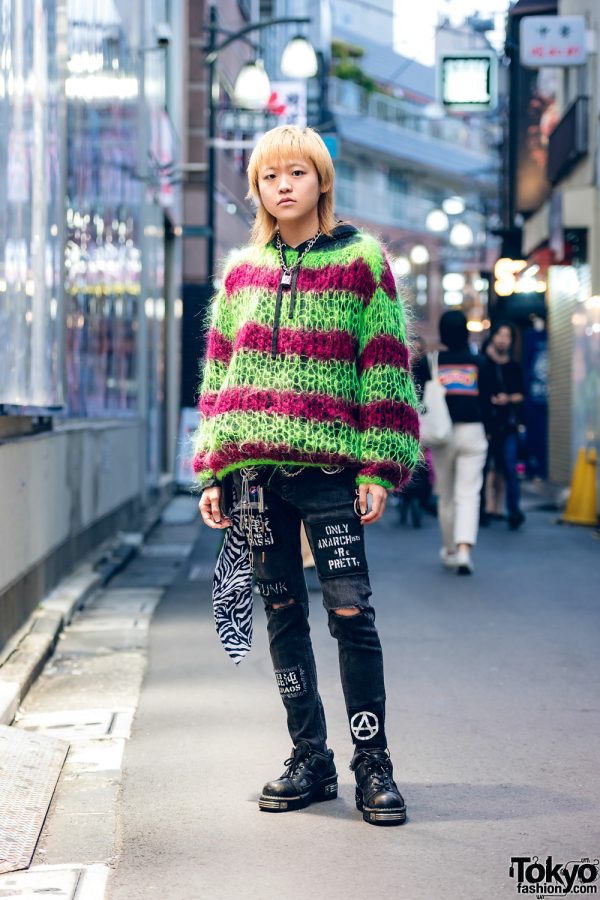 Tokyo Punk Street Style w/ Dog Harajuku Loose Knit Sweater, Remake Anarchy Jeans, 99%IS-, BlackMeans & New Rock