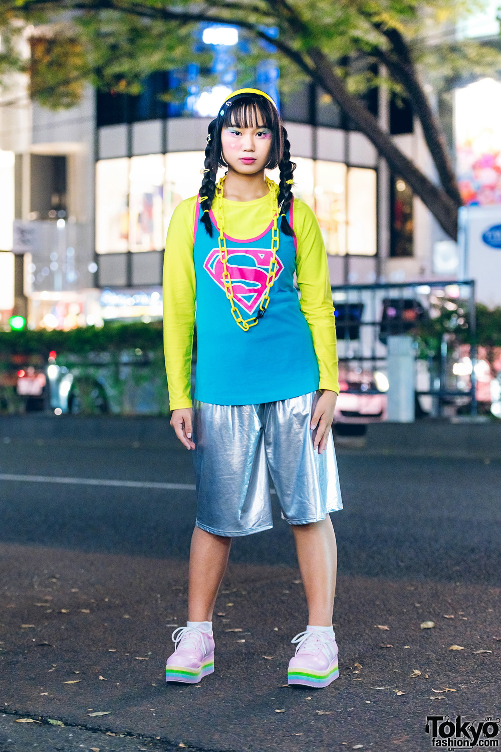 Harajuku Colorful Street Style in Harajuku w/ Twin Braids, Nike Superman Tank Top, ACDC Rag Metallic Shorts, Sevens & WC Rainbow Sneakers