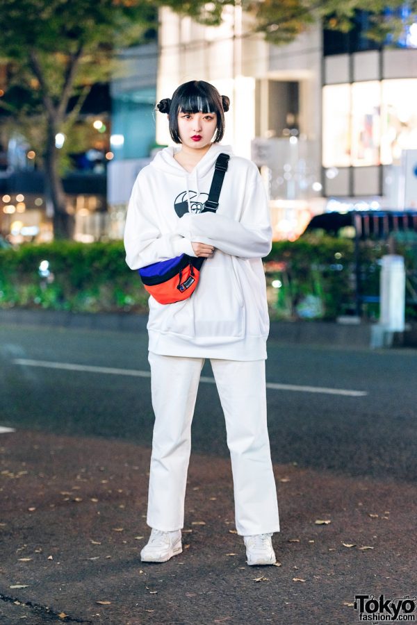 All White Harajuku Street Style w/ Twin Hair Buns, UNIQLO Hoodie Sweater, GU Pants, WEGO Two-Tone Waist Bag & Nike Sneakers