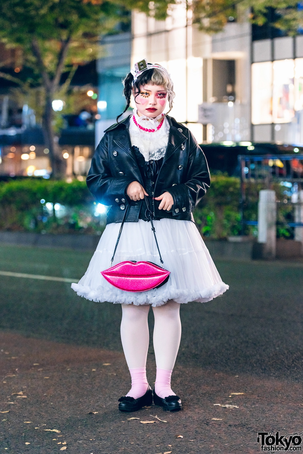 Harajuku Street Style w/ Half Color Hair, Cassette Tape Headpiece, Leather Jacket, Corset, Tutu Dress, Sinz Lips Handbag & Bow Flats