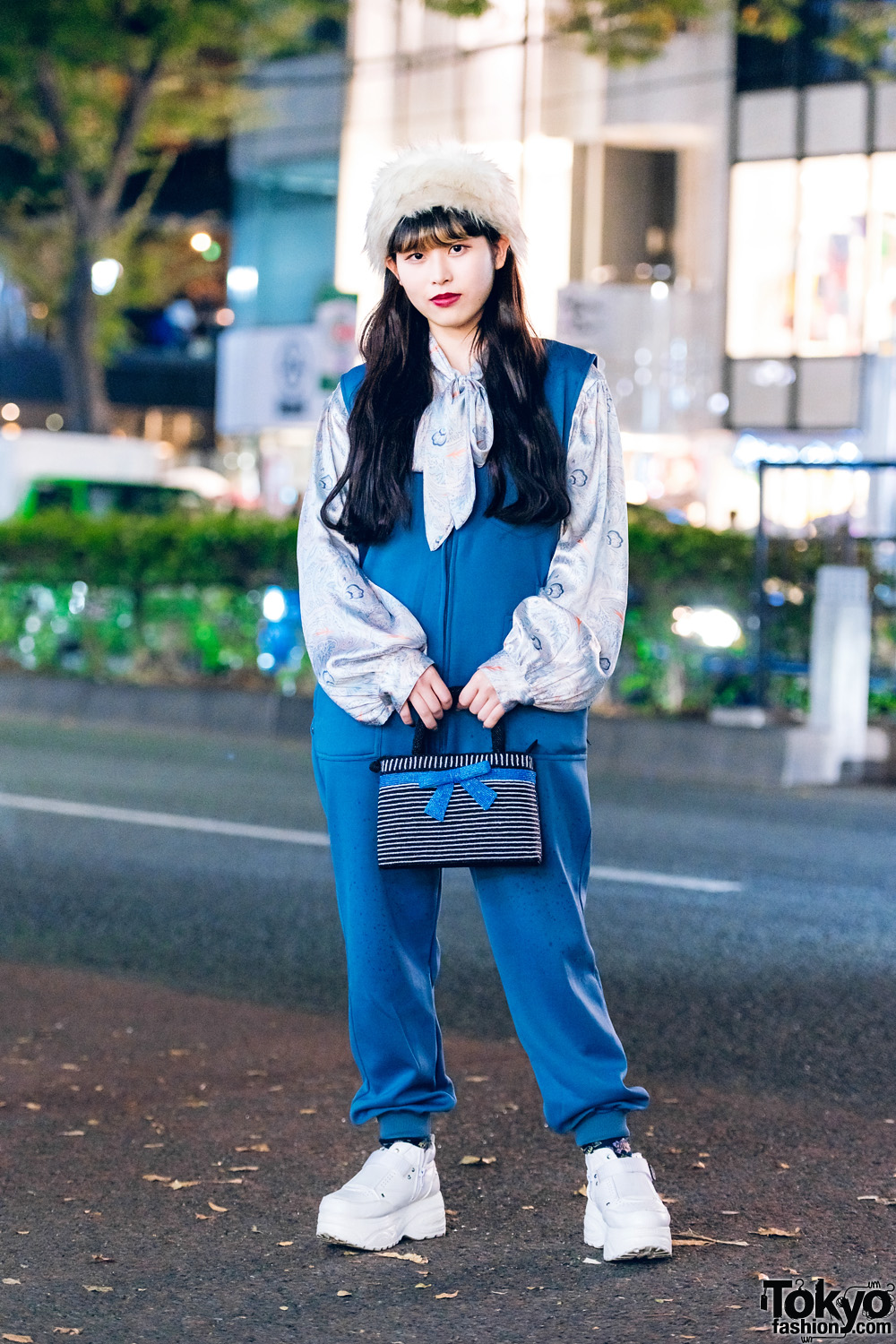 Tokyo Style w/ Furry Pillbox Hat, Zip-Up Jumpsuit, Paisley Bow Blouse, Beaded Bow Bag & Chunky Sneakers