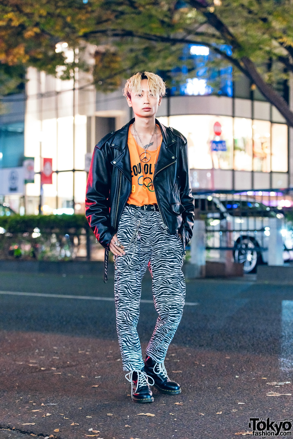 Tokyo Street Style w/ Motorcycle Jacket, Seoul Olympics Top, Zebra Print Pants & Leather Boots