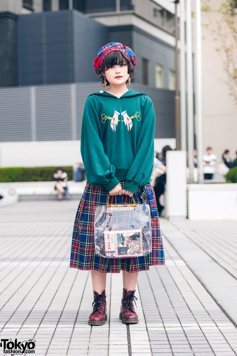 HEIHEI Japanese Street Style w/ Scissor Hands Sweater, Plaid Skirt, Vintage Bag, Plaid Beret & Dr. Martens Boots