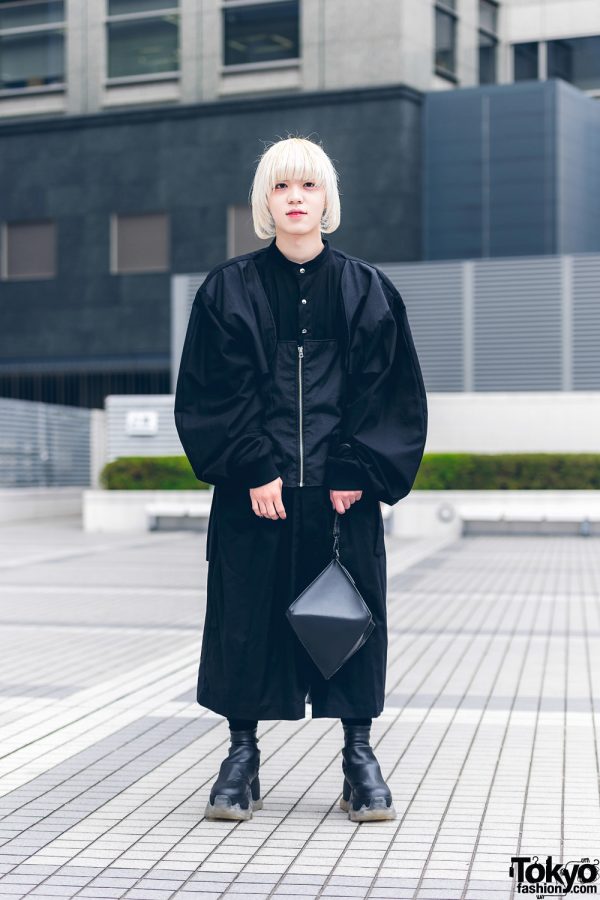 All Black Menswear w/ Platinum Blonde Bob, Neuron Nailz Tokyo, Lau Made In Japan Jacket, Comme des Garcons, Yohji Yamamoto Clutch & Swear Boots