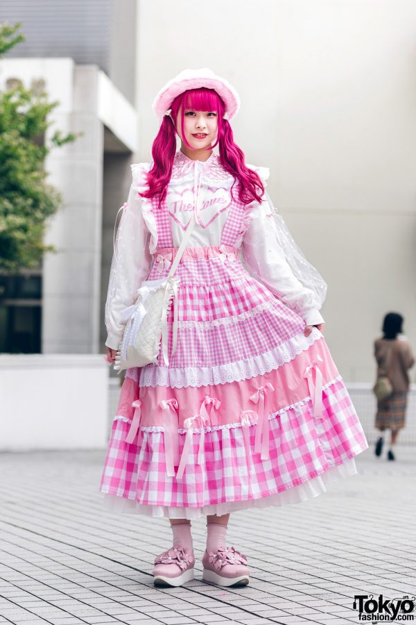 Pink Handmade Kawaii Japanese Street Style w/ Tulle Blouse, Gingham Pinafore, Quilted Bag, Fuzzy Hat, WC & Tokyo Bopper