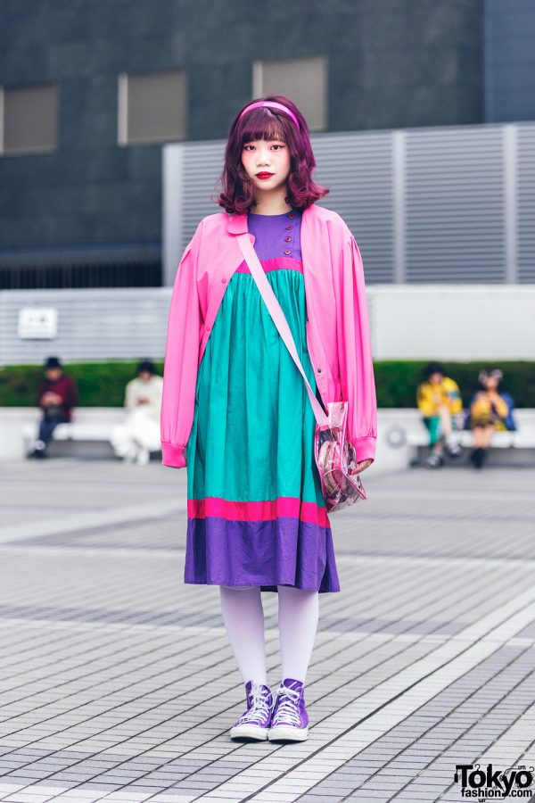Bunka Fashion College Vintage Street Fashion w/ Purple Hair, Bomber Jacket, Colorblock Dress, Mikansei Bag & Converse Sneakers