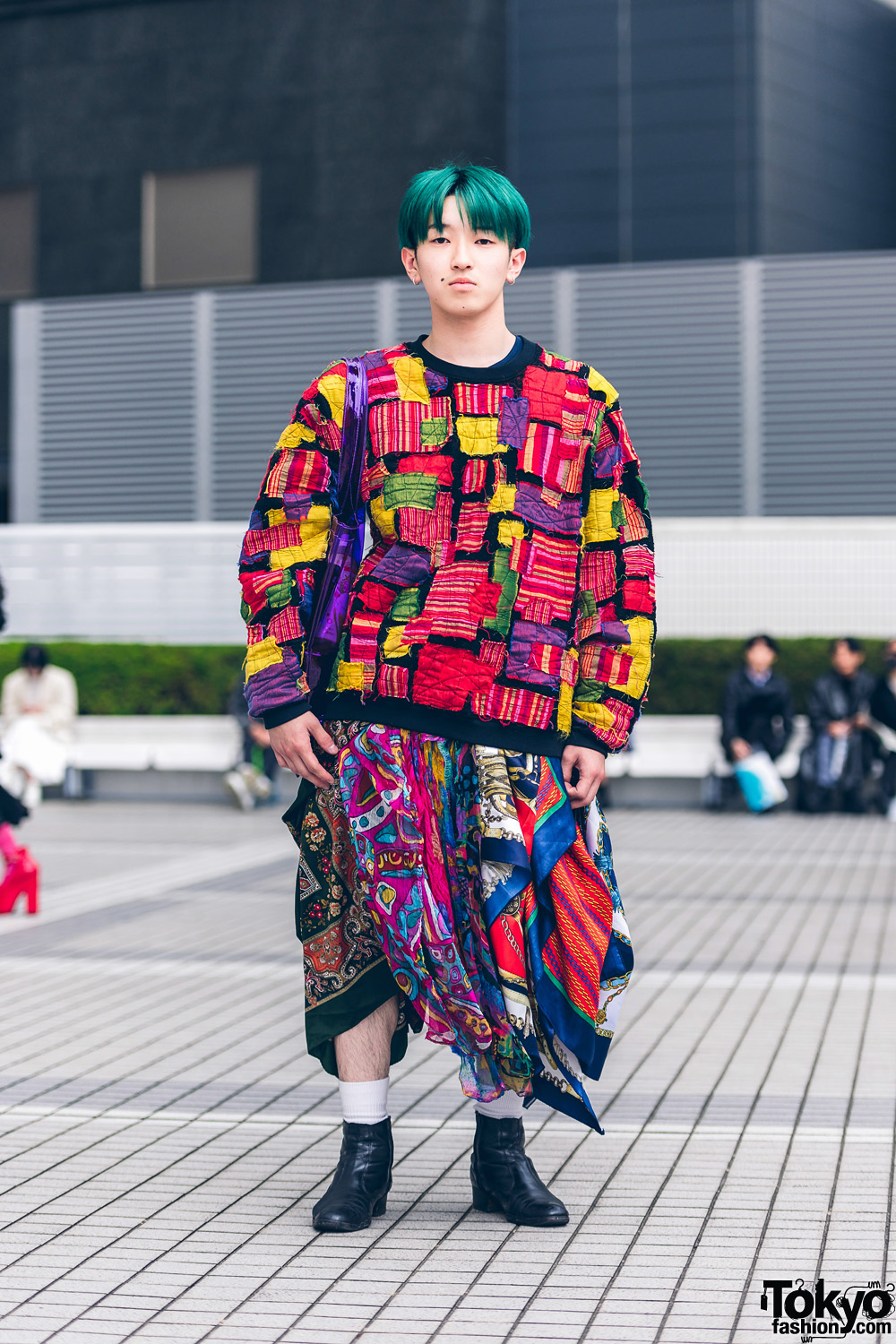 Multi-Colored Shinjuku Street Fashion w/ Green Bob, Hoop Earrings, Patchwork Sweater, Handkerchief Skirt, Purple Tote & Chelsea Boots