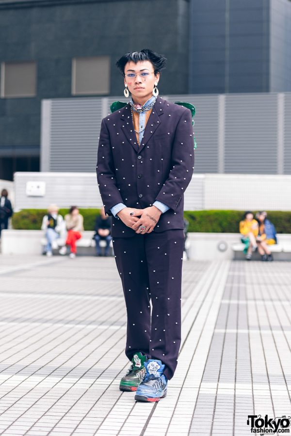 Tokyo Street Style w/ BamBron Embellished Butterfly Wings Suit, Chain Necklaces & Painted Shoes