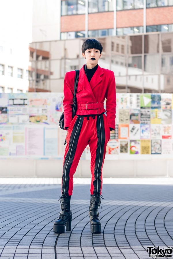 Red & Black Tokyo Street Style w/ Vintage Belted Jacket With Shoulder Pads, Open The Door Bag & Demonia Platforms