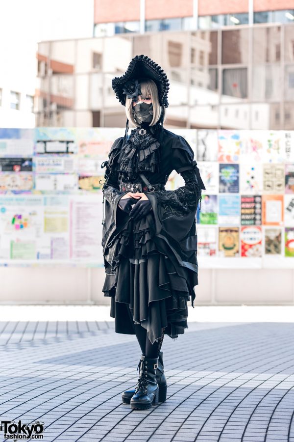 Gothic Japanese Steampunk Fashion w/ Face Mask, Bonnet, Floral Headpiece, Ruffle Shirt, Asymmetrical Skirt & Boots
