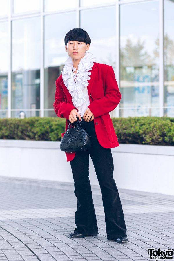Shinjuku Street Fashion w/ Red Jacket, Black Corduroy Pants, White Ruffle Top, Zara, Faith Tokyo & Oh Pearl