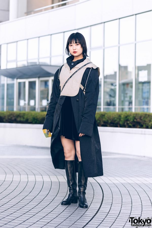 Shinjuku Girl Vintage Street Style w/ Tan Vest, Black Maxi Coat, Beautiful People Bag & Knee-High Boots