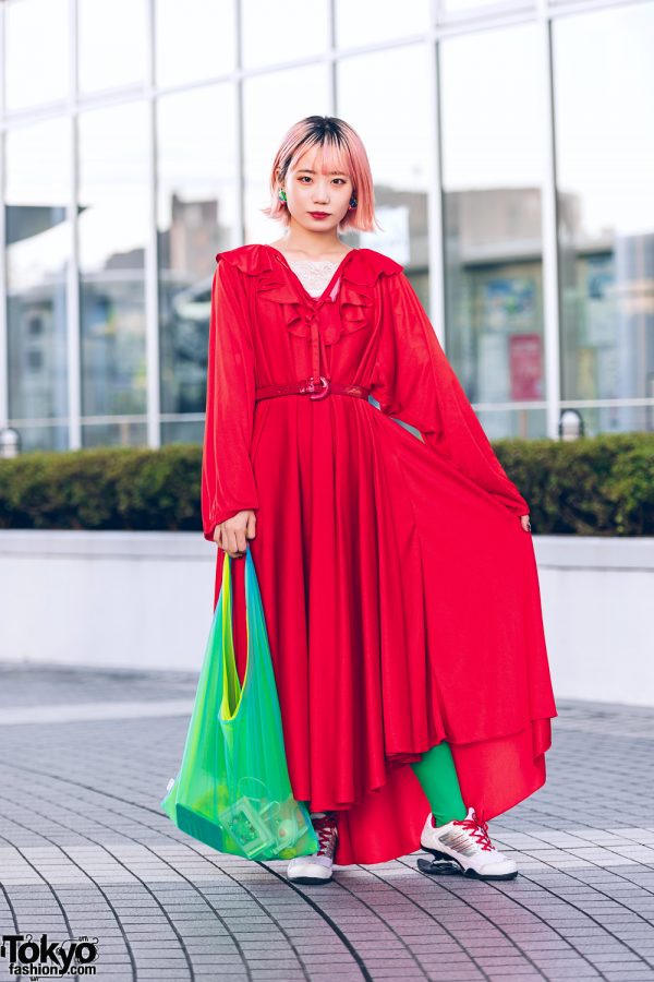 Bunka Fashion College Colorful Vintage Street Style w/ Red Dress, Spring Heel Sneakers & Shinkirou Bag