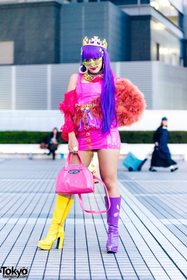 Colorful Tokyo Street Fashion w/ Purple Hair, Gold Crown, Vinyl Mini Dress, Gallerie & Office Kiko Patent Boots