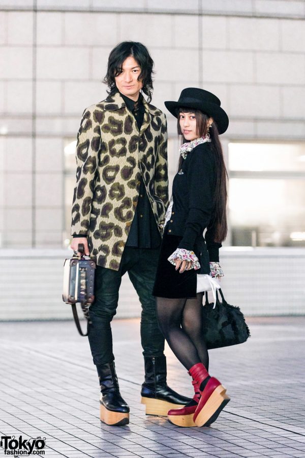 Vivienne Westwood Tokyo Street Fashion w/ Wide Brim Hat, Leopard Print Coat, Cardigan, Ruffle Blouse, Leather Briefcase & Rocking Horse Shoes