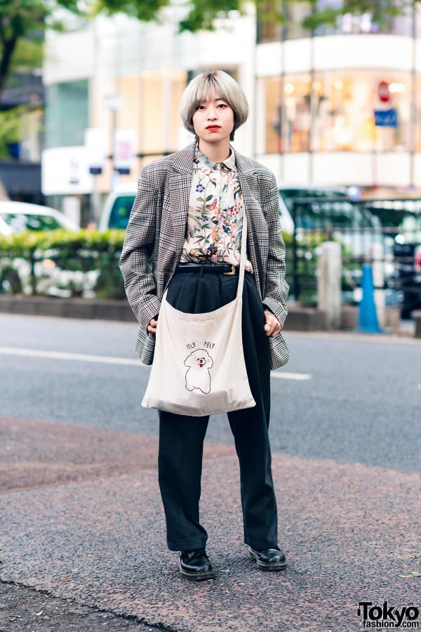 Oversized Preppy Streetwear Style w/ Fringed Bob, Forever21 Floral Shirt, Plaid Blazer, Pleated Pants, Yelp Sling Bag & Dr. Martens