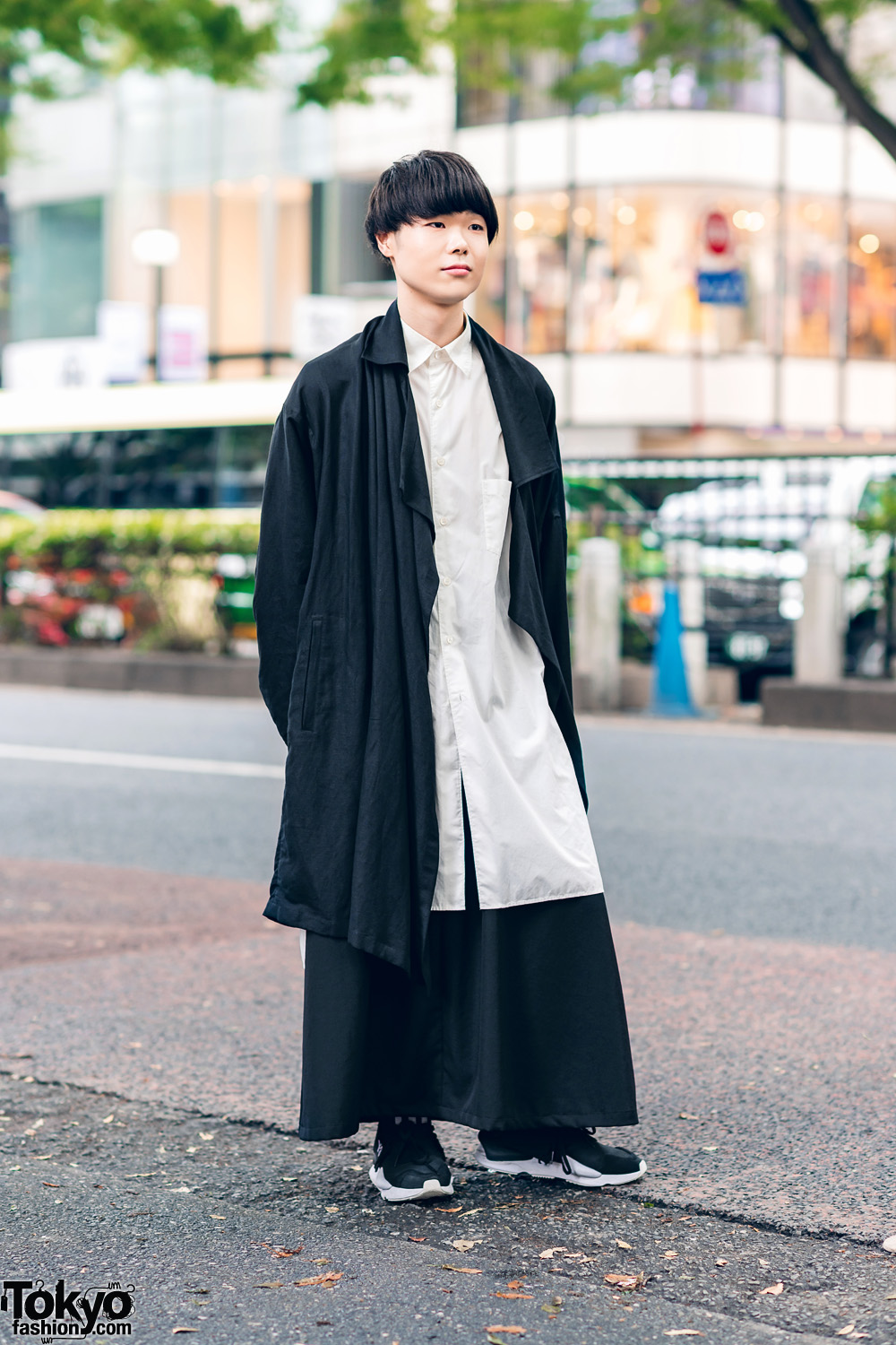 Yohji Yamamoto Monochrome Menswear Street Style w/ Blunt Bob, Asymmetric Coat, Long Shirt, Maxi Skirt & Two-Tone Sneakers