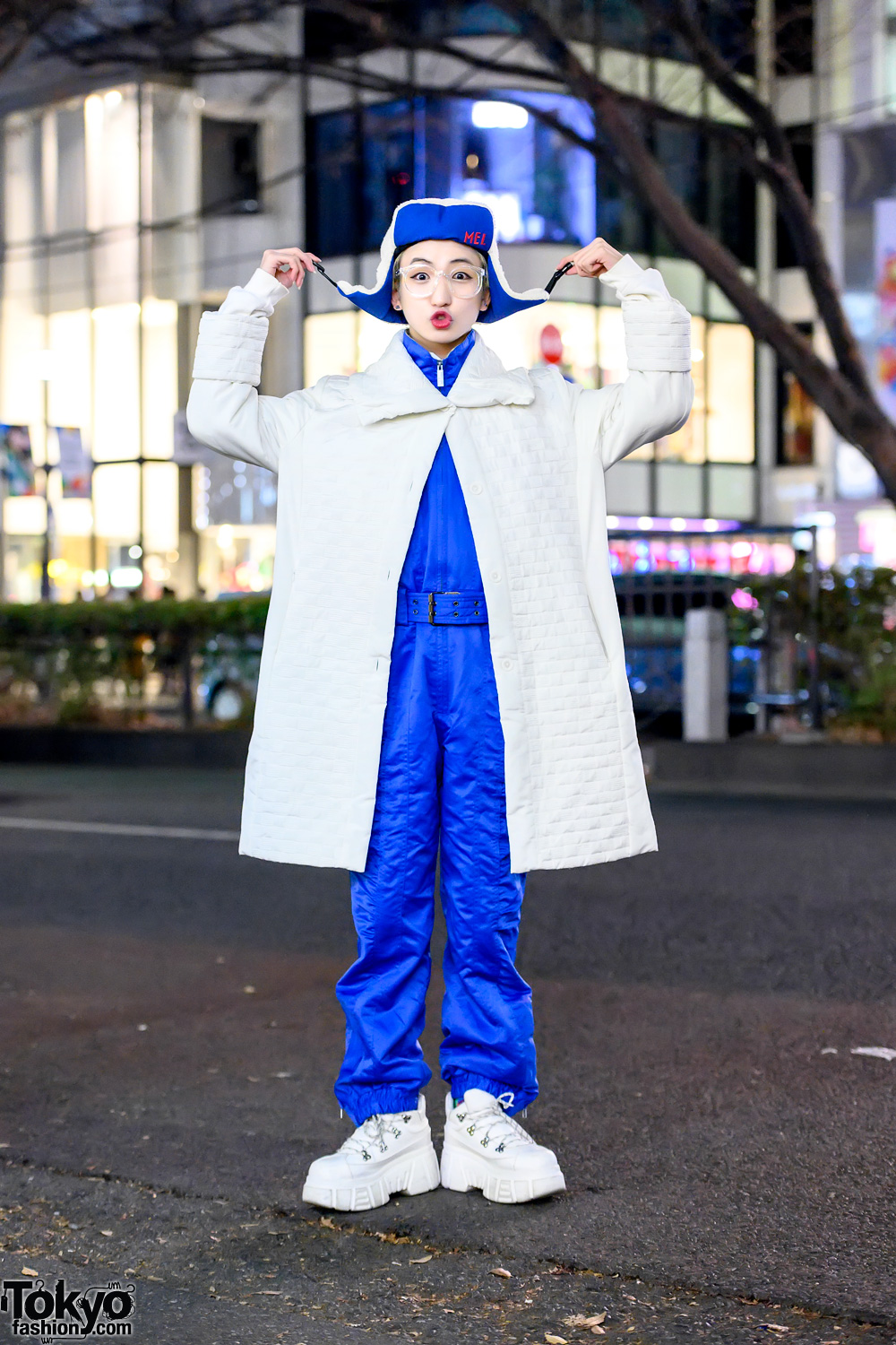 Japanese Dancer P-Chan in Harajuku w/ Vintage Quilted Coat, Jumpsuit, MEI Hat & Bershka Chunky Platform Sneakers