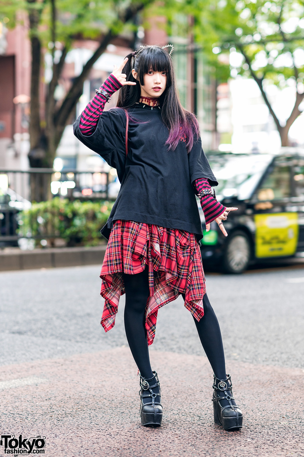 Black & Red Streetwear Style w/ Cat Ears, GU, Cecile, Asymmetric Plaid Skirt, Spinns & Demonia Caged Platforms