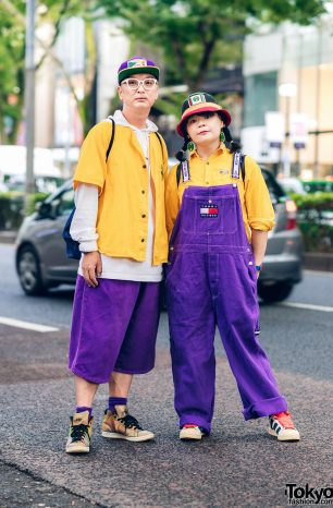 purple denim overalls