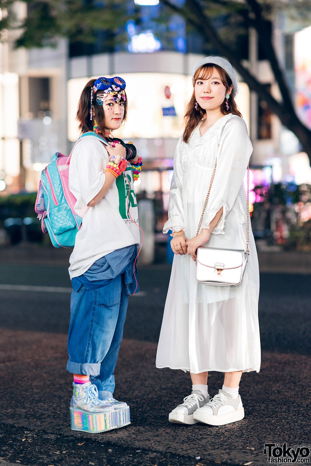 Japanese All White & Decora Streetwear Styles w/ Goggles, Decora Hair Clips, OOTD Japan Shirt, H&M, Jouetie, La Belle Etude Camisole Dress, ACDC Rag, Spinns & Tokyo Bopper
