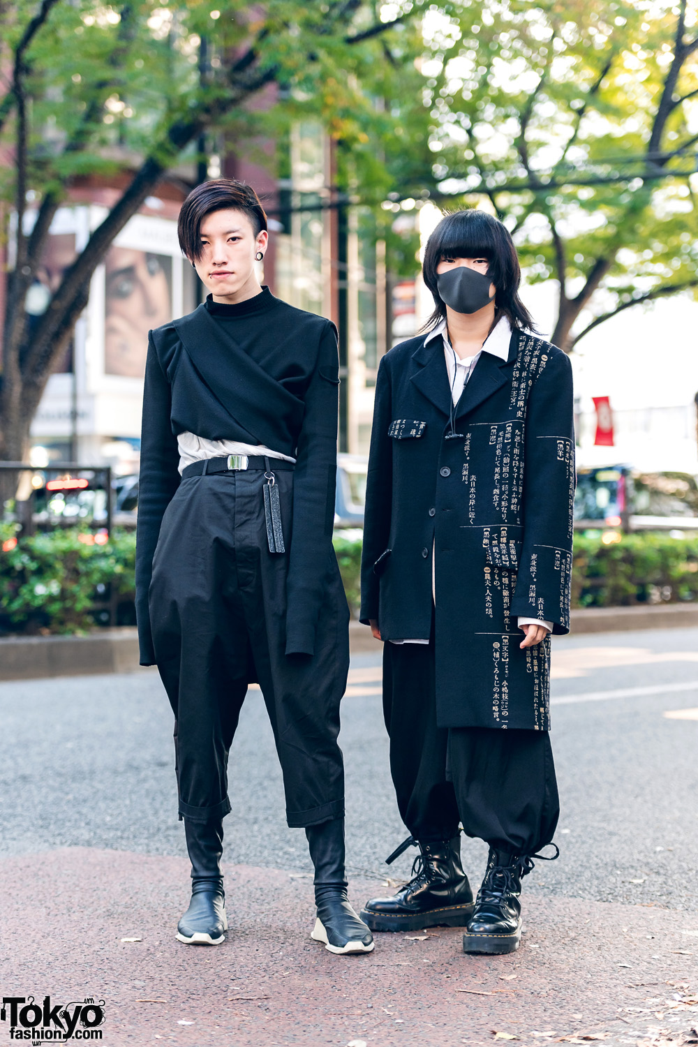 Rick Owens & Yohji Yamamoto Pour Homme Monochrome Japanese Street Styles w/ Mask, Kanji Print Coat, Jodhpur Pants & Dr. Martens Boots