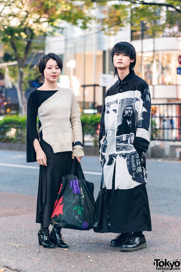 Monochrome Japanese Streetwear Styles w/ UN3D. Sweater, Emoda Asymmetric Skirt, Yohji Yamamoto Black Scandal Graphic Shirt, Not Conventional Wide Pants, Y’s, Evris & Dr. Martens