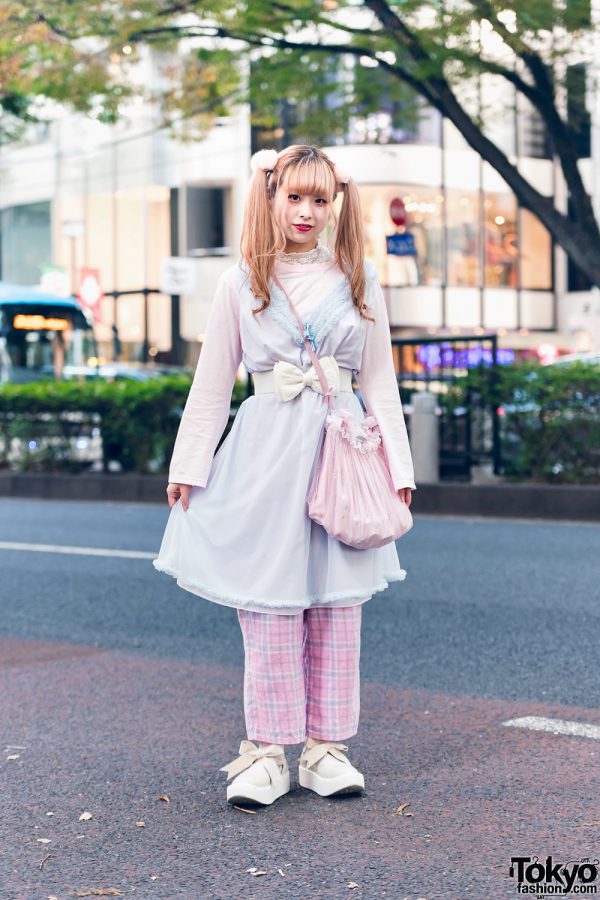 Layered Pastel Street Style in Harajuku w/ Curly Twin Tails, Pom Pom Hair Ties, Pink House Sheer Camisole, Resale Fashion, Handmade Tulle Bag & Tokyo Bopper Bow Shoes