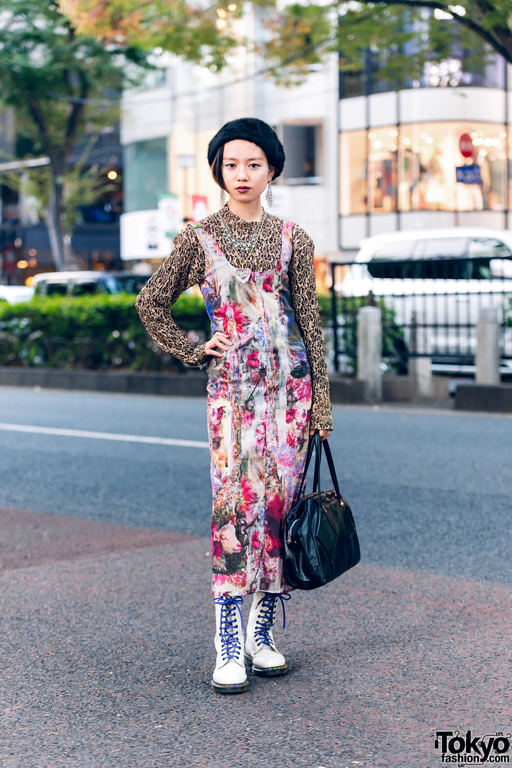 Eclectic Tokyo Street Style w/ Furry Beret, Rhinestone Earrings, The Four-Eyed Textured Top, Gauntlett Cheng Floral Dress, Vivienne Westwood Handbag & Dr. Martens Boots