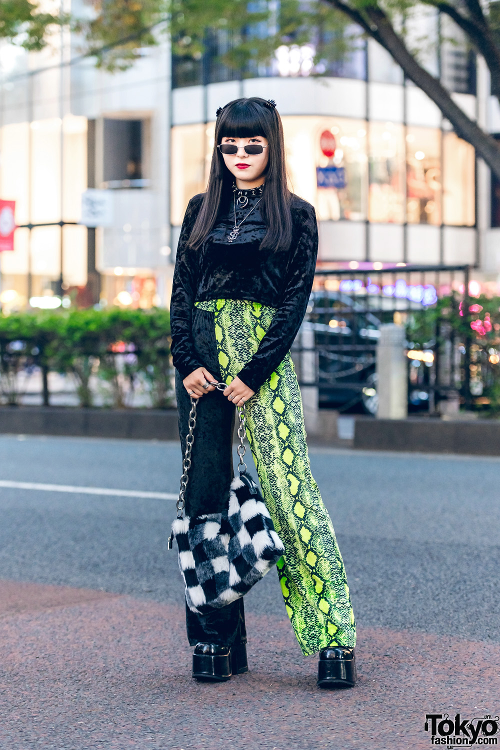Tokyo Girls Street Style w/ O-Ring Choker, Velvet Sweater, (ME) Harajuku Half Snakeskin Pants, Romantic Standard, Kol Me Baby & Demonia Platforms