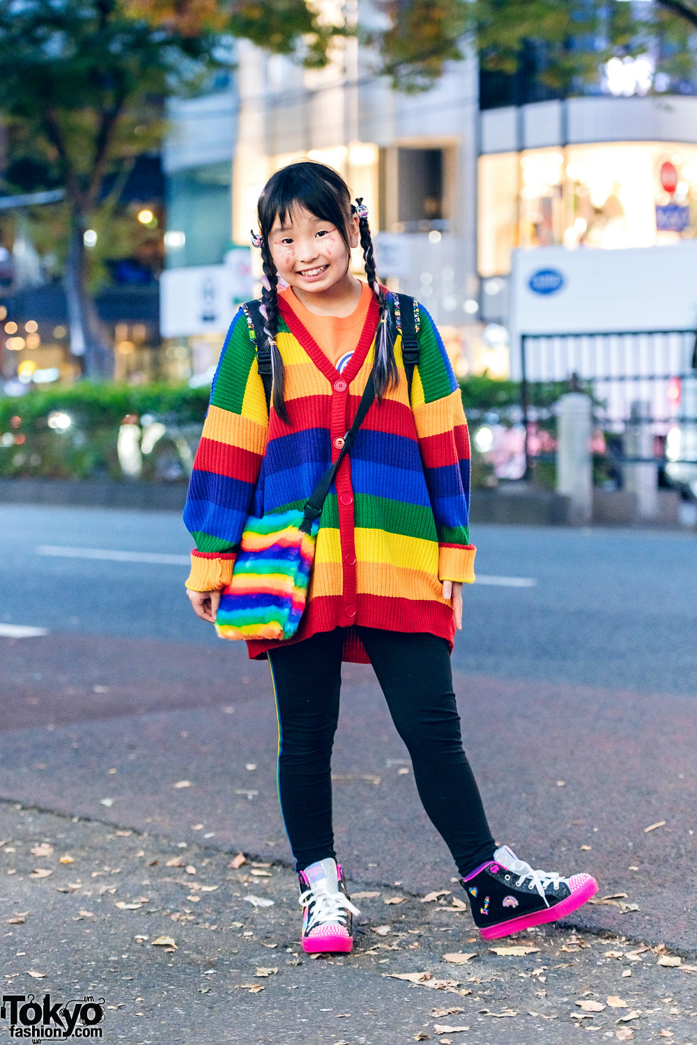 Japanese Child Actor's Harajuku Street Style w/ WC Rainbow Cardigan, Anap Girl, Nintendo Backpack, Rainbow Sling & Skechers Sneakers