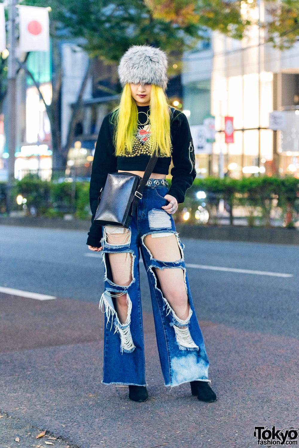 Japanese Streetwear w/ Furry Hat, Yellow Hair, Pameo Pose Cropped Sweater, Gallerie Tokyo Studded Bralette, Cutout Pants, Pinnap & Louis Vuitton Crossbody Bag