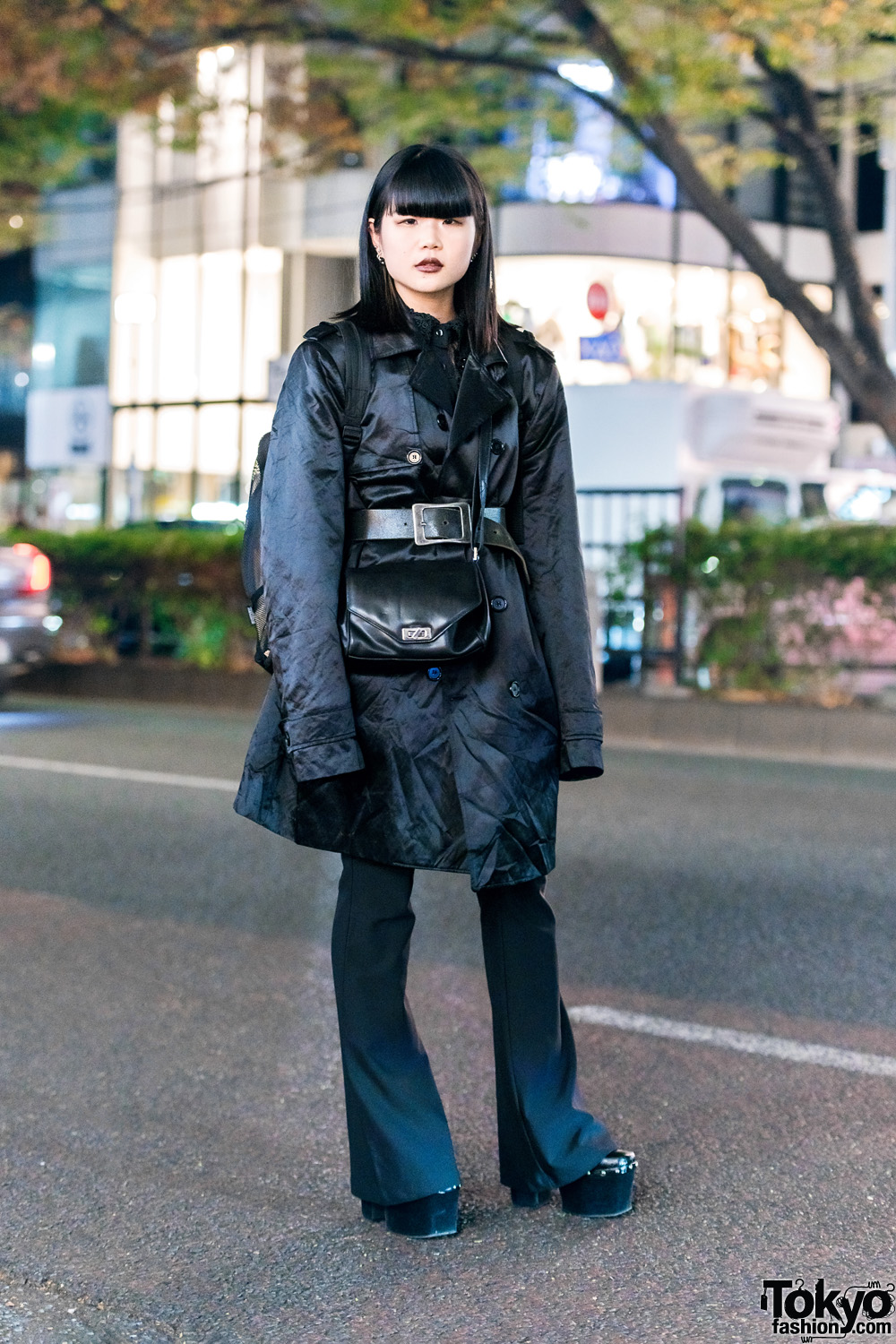 All Black Japanese Street Style w/ Long Bob, Trench Coat, Lace Shirt, Calico Flared Pants & Emoda Platforms
