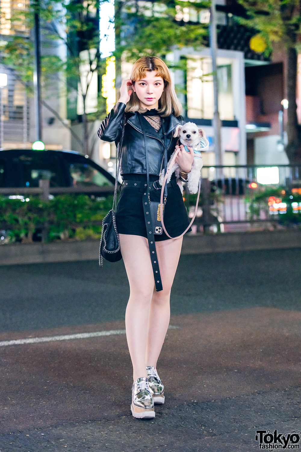 Chic Monochrome Japanese Street Style w/ Cute Dog, Patrizia Pepe Cropped Jacket, Rukus by Yasuhiro Tomita & Stella McCartney