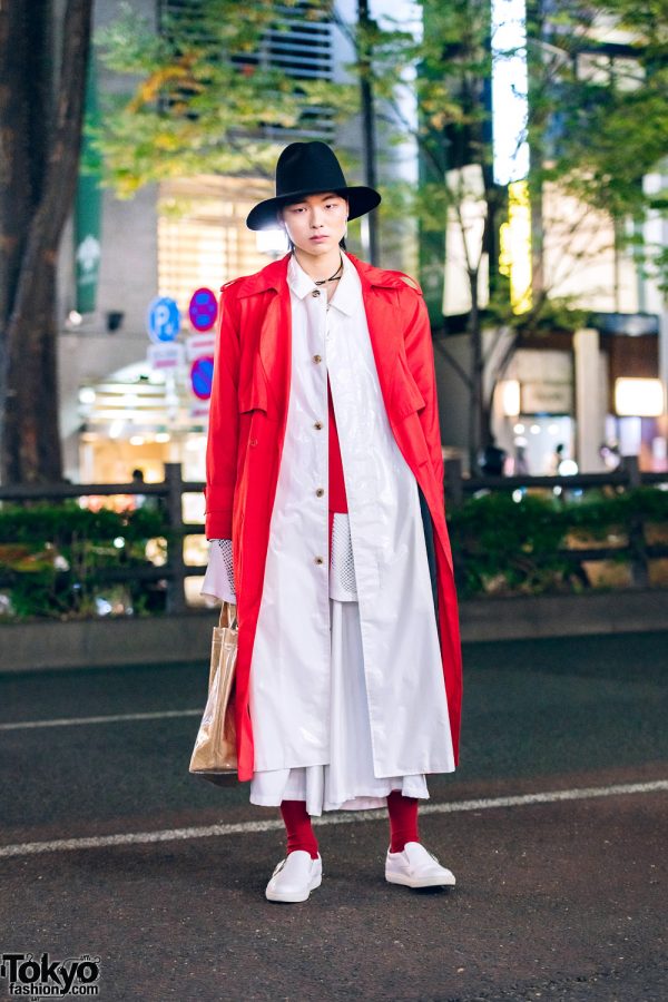 Japanese Mens Overcoat Street Style w/ Wide Brim Hat, Gucci Choker, Doublet, Limi Feu, LAD Musician, As Super Sonic, Toga Virilis & Comme des Garcons