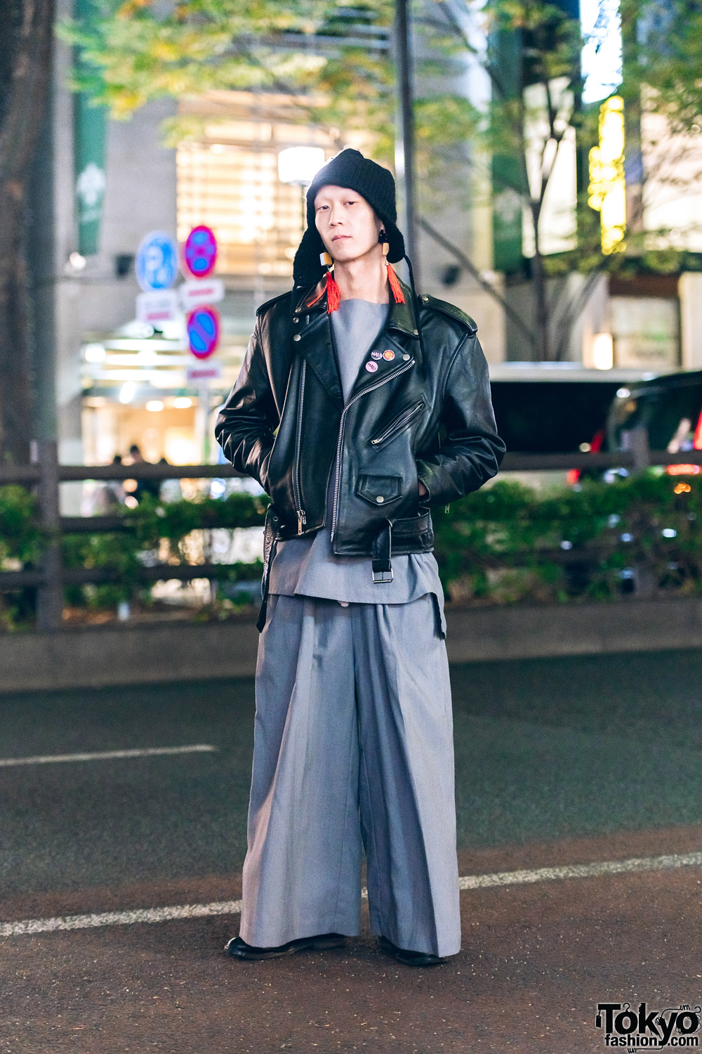 Japanese Musician/Model in Yohji Yamamoto Knit Hat, Mahjong Tassel Earrings, Keisuke Yoneda, Vintage Motorcycle Jacket & YSL Leather Shoes