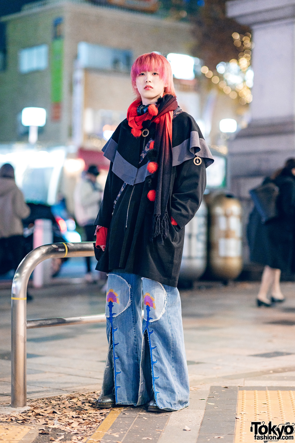 Japanese Streetwear  w/ Red Hair, Headphones, Pom Pom Muffler, Capelet Jacket, Pameo Pose Flared Slit Jeans, Anna Sui & Dr. Martens