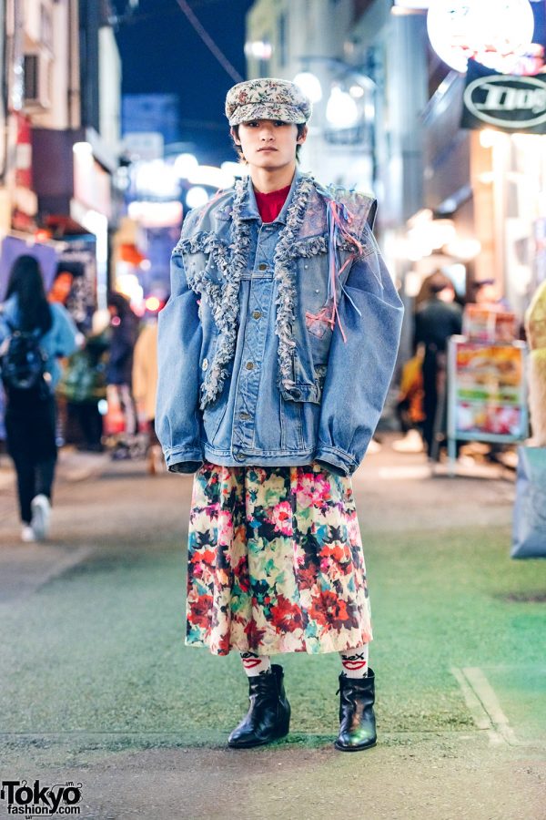 Harajuku Street Style w/ Brocade Cap, Remake Denim Jacket, Floral Skirt & Never Mind the XU Boots