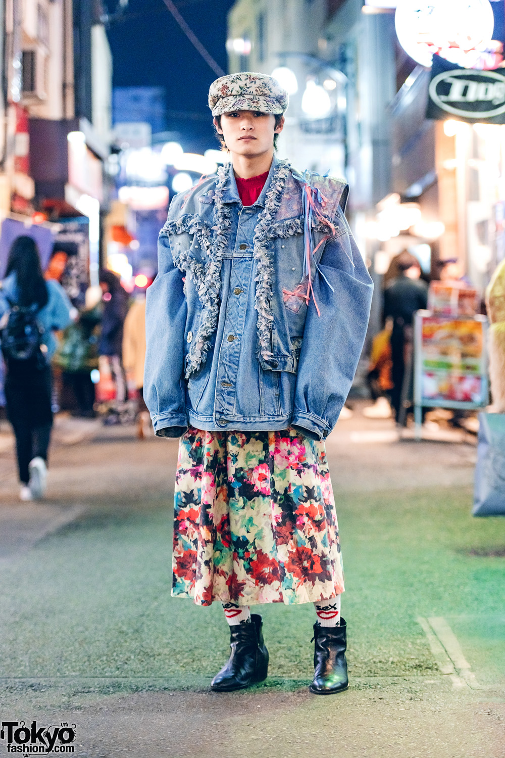 Harajuku Street Style w/ Brocade Cap, Remake Denim Jacket, Floral Skirt &  Never Mind the XU Boots – Tokyo Fashion