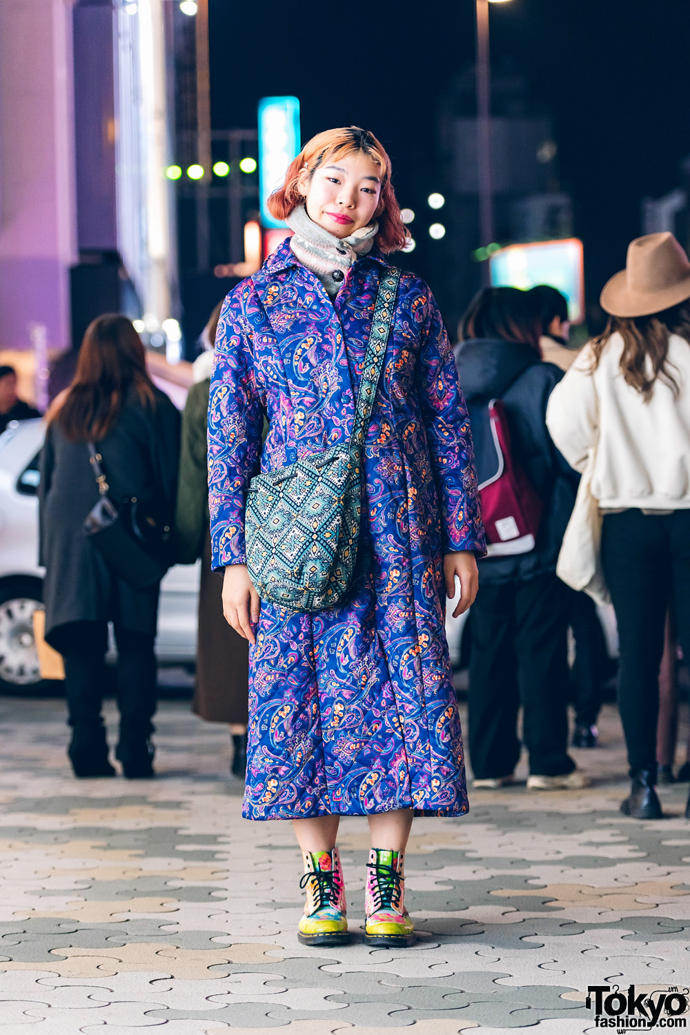 Tokyo Streetwear Style w/ Curly Ombre Bob, Paisley Print Quilted Coat, Polka Dot Shirt, GU Bag, & Hand-Painted Dr. Martens Boots