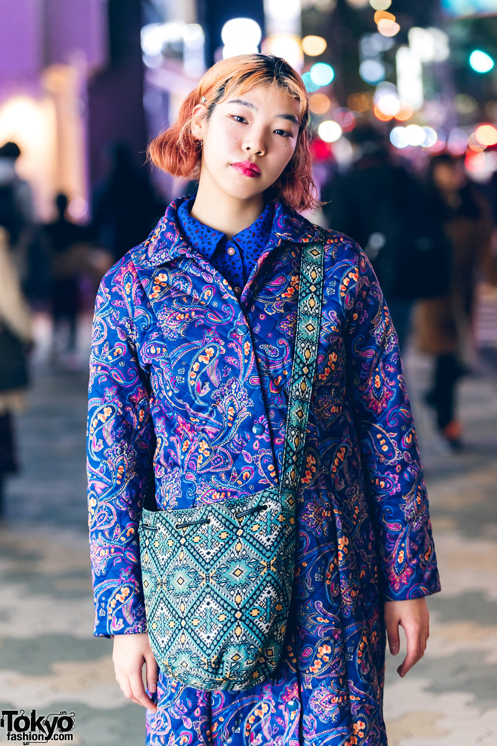 Tokyo Streetwear Style w/ Curly Ombre Bob, Paisley Print Quilted 