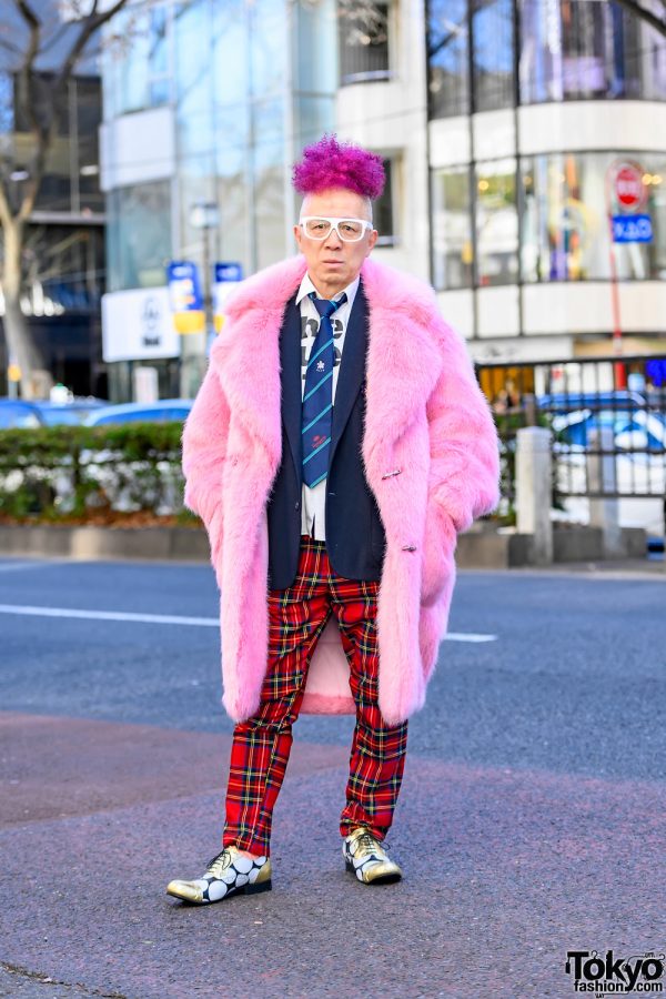 Harajuku Guy w/ Purple Hair in Pink Faux Fur Coat, Plaid Punk Pants & Comme Des Garcons Fashion