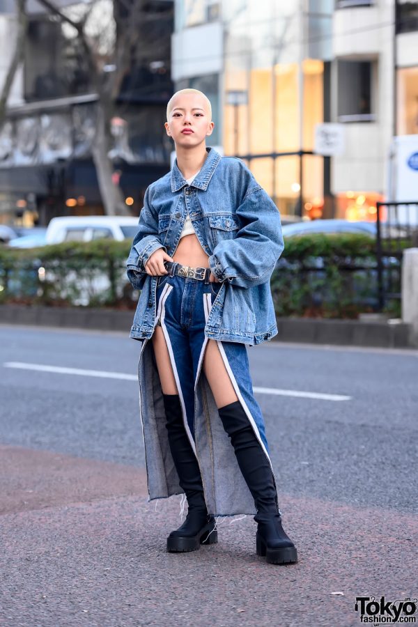 Shaved Head Harajuku Girl in Zip Front Jeans, Denim Jacket & Over-The-Knee Sock Boots
