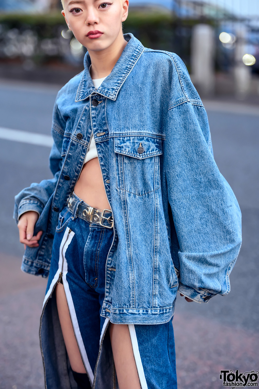 Shaved Head Harajuku Girl in Zip Front Jeans, Denim Jacket & Over-The ...
