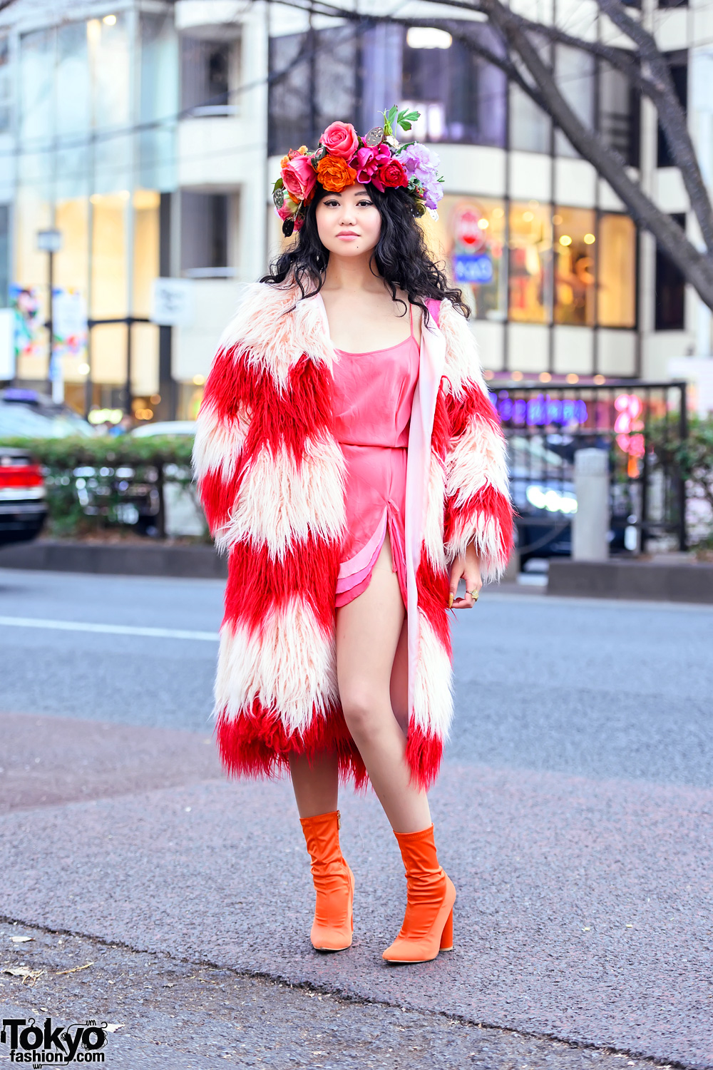 Flower Crown, Colorful Faux Fur Coat & Orange Sock Boots in Harajuku Japan