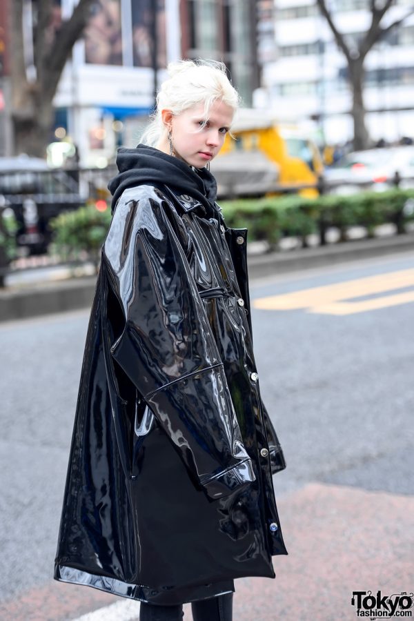 Harajuku Girl in Oversized Patent Leather Coat by Japanese Brand Saint